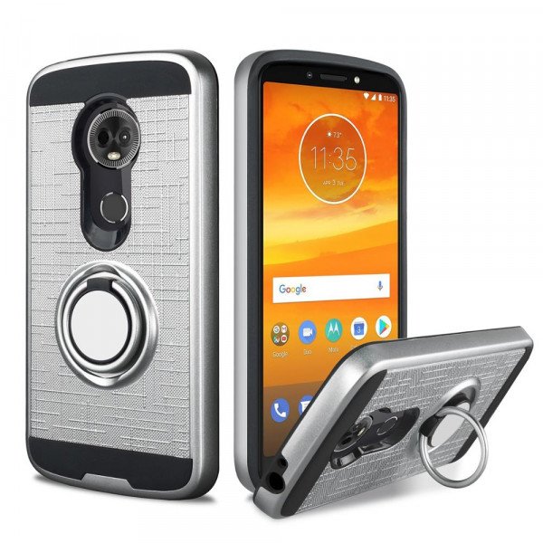 Wholesale Motorola Moto G7 Power 360 Ring Kickstand Hybrid Case with Metal Plate (Silver)